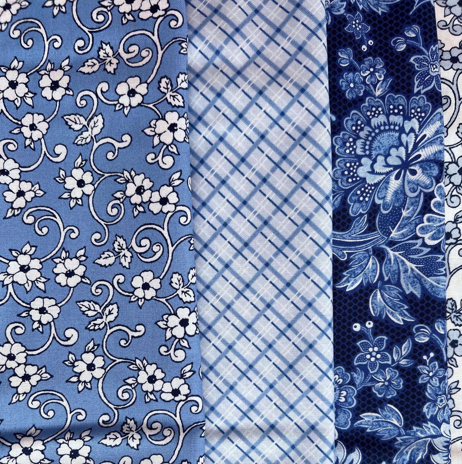 DESTASH Weaver's Waltz Twin Quilt Kit, Connecting Threads Tea Service, Blue White Floral Twin Size Quilt Kit