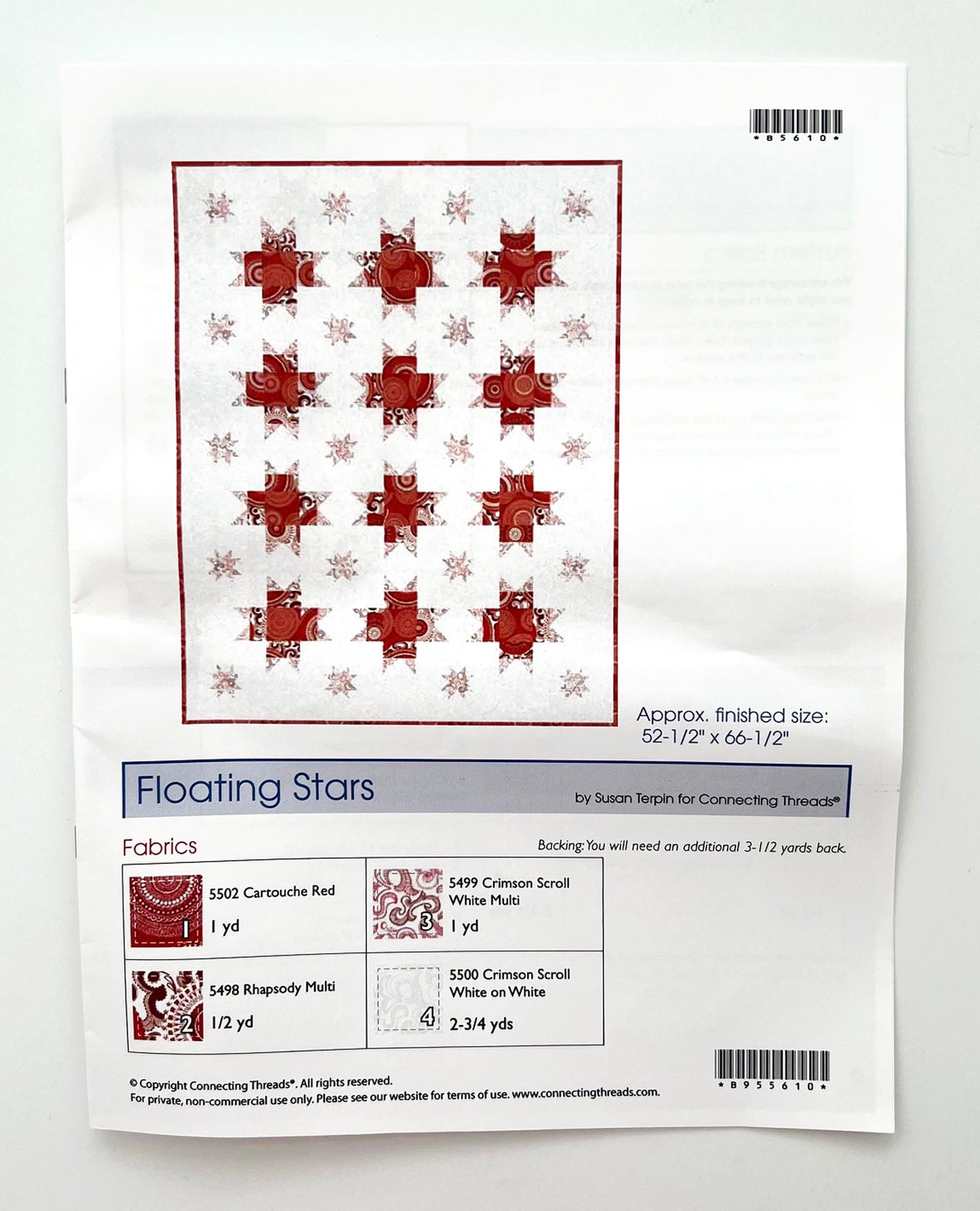 DESTASH Floating Stars Throw Quilt Kit, Connecting Threads Rhapsody in Reds, Red White Floral Lap Throw Quilt Kit