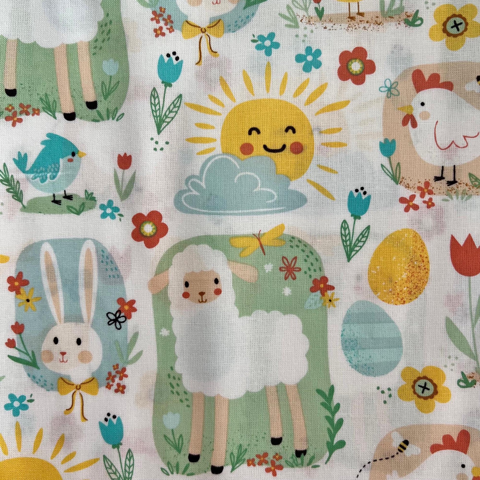 DESTASH 1 Yard Cut of Easter Bunnies Chicks Lambs on White Fabric, Hobby Lobby H17063, Blush Yellow Blue Green Cute Bunny Sun Easter Fabric