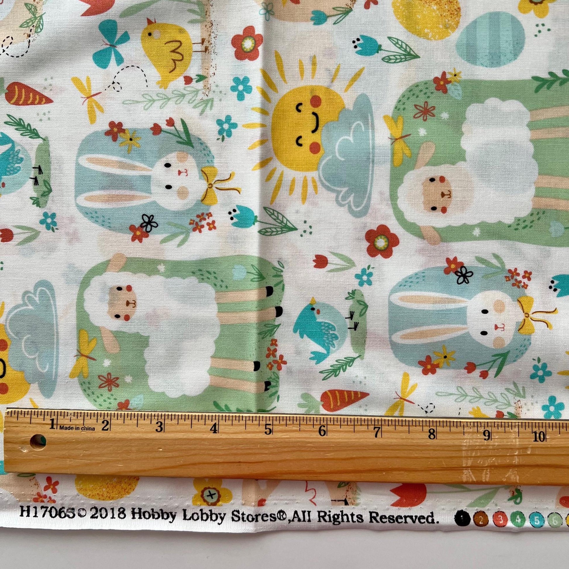 DESTASH 1 Yard Cut of Easter Bunnies Chicks Lambs on White Fabric, Hobby Lobby H17063, Blush Yellow Blue Green Cute Bunny Sun Easter Fabric
