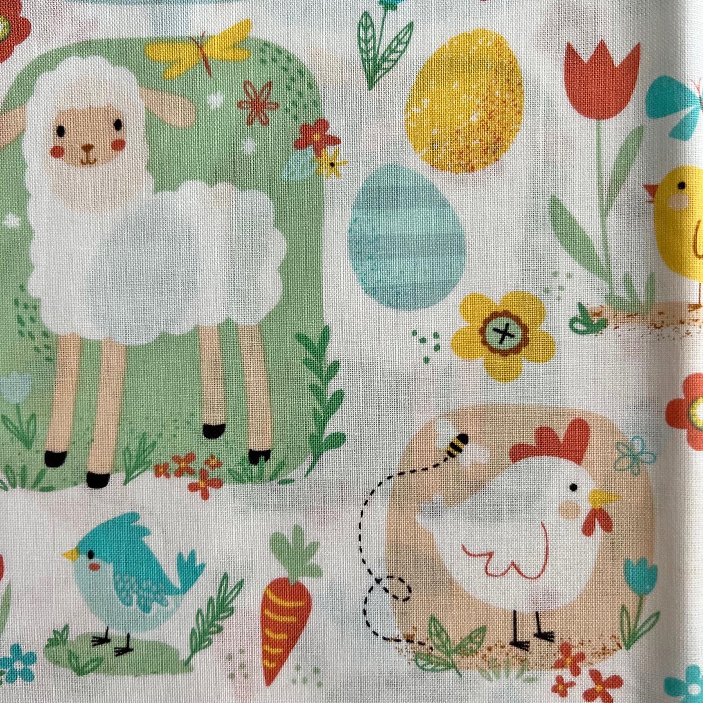 DESTASH 1 Yard Cut of Easter Bunnies Chicks Lambs on White Fabric, Hobby Lobby H17063, Blush Yellow Blue Green Cute Bunny Sun Easter Fabric