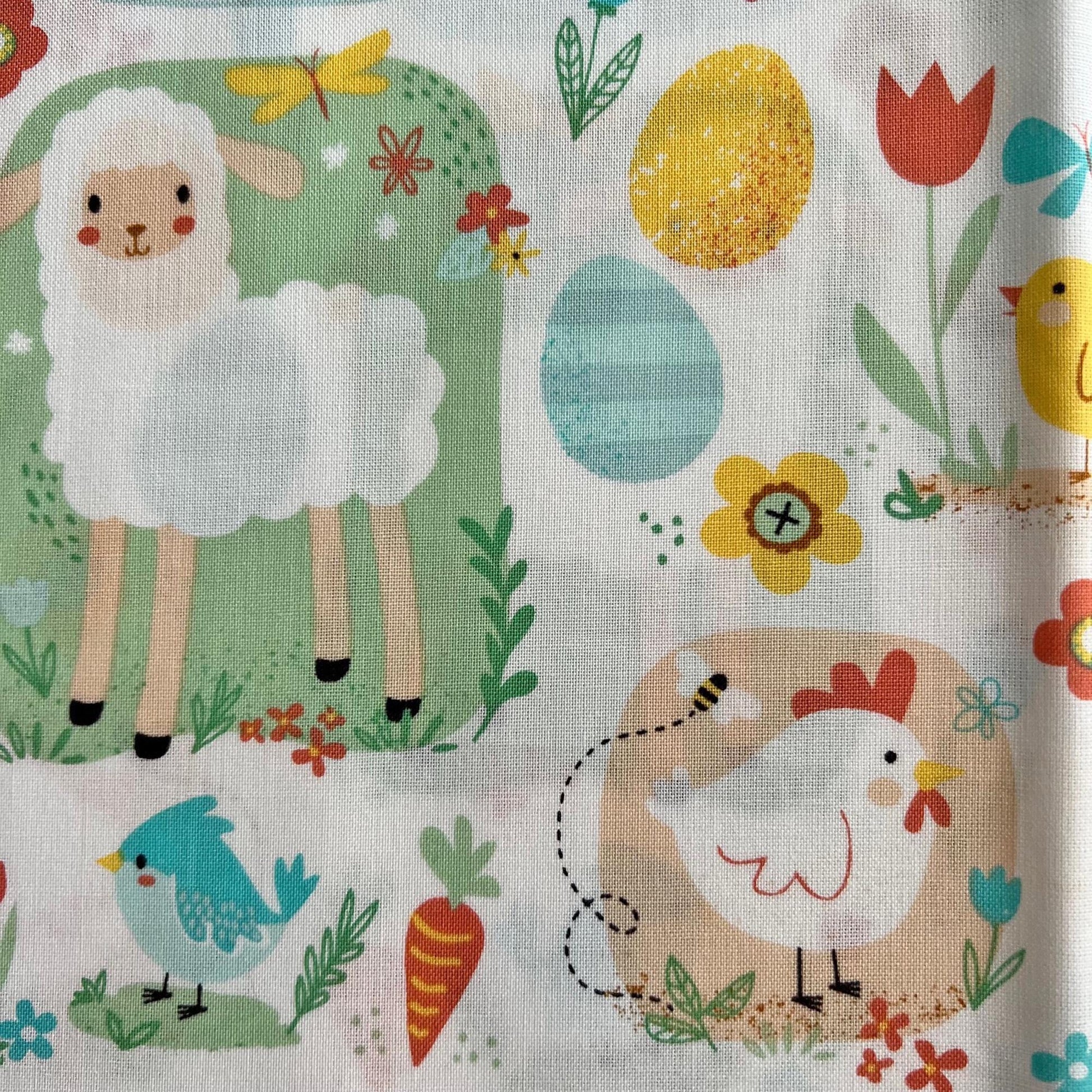 DESTASH 1 Yard Cut of Easter Bunnies Chicks Lambs on White Fabric, Hobby Lobby H17063, Blush Yellow Blue Green Cute Bunny Sun Easter Fabric