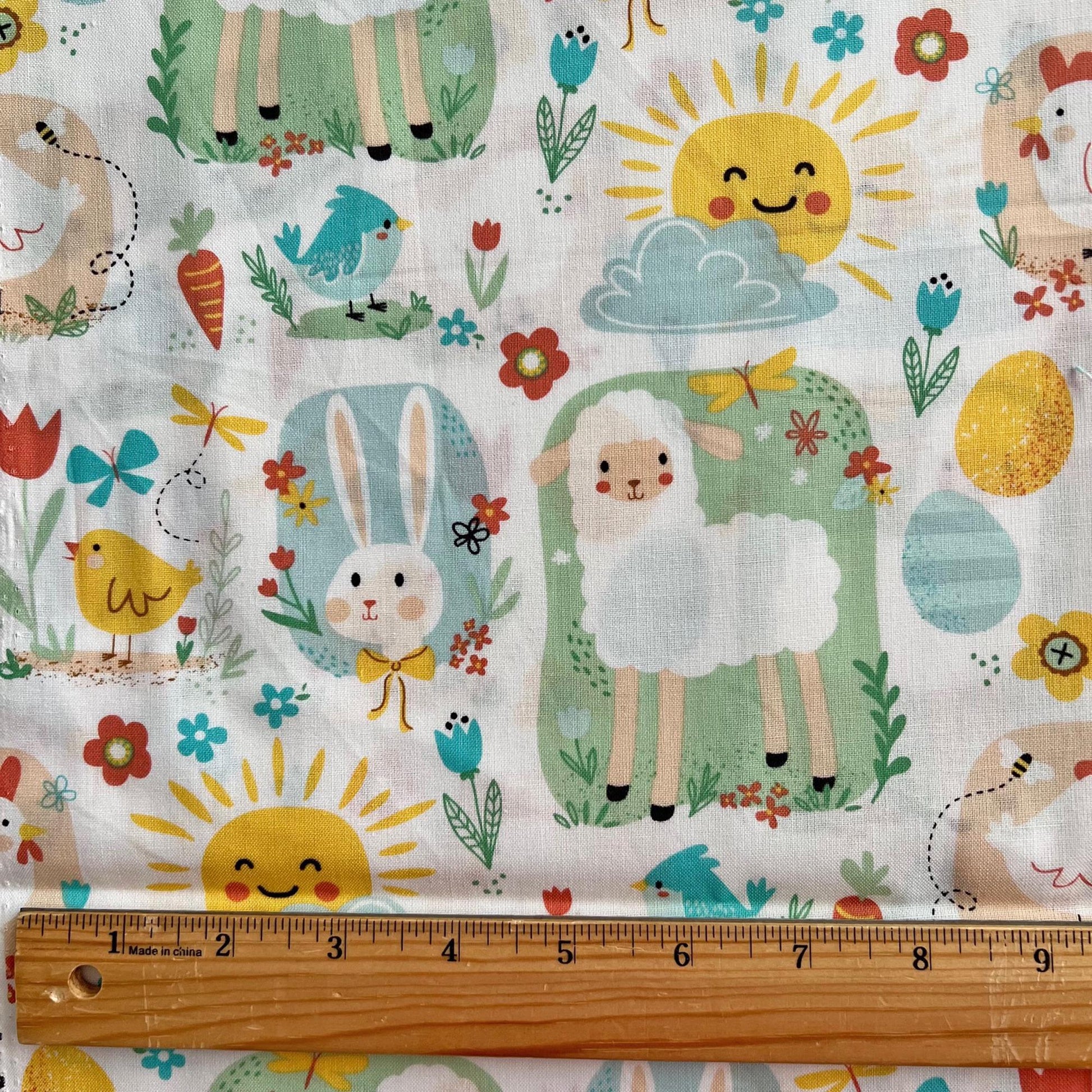 DESTASH 1 Yard Cut of Easter Bunnies Chicks Lambs on White Fabric, Hobby Lobby H17063, Blush Yellow Blue Green Cute Bunny Sun Easter Fabric