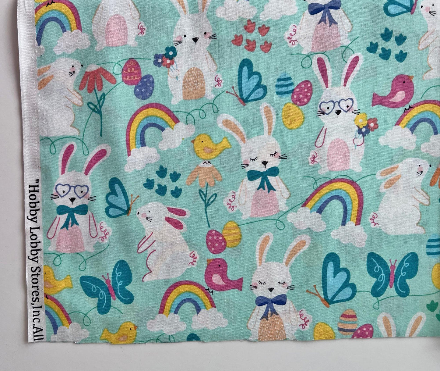DESTASH Sweet Bunnies - 1 Yard Cut of Easter Bunnies Chicks Rainbows on Blue Fabric, Hobby Lobby SR-M-007, Cute Bunny Easter Fabric