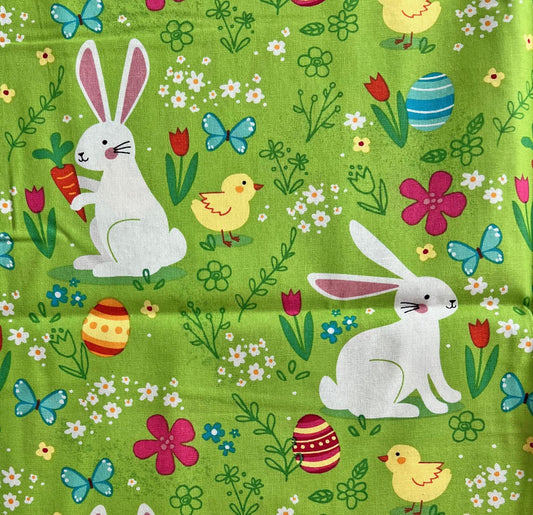 DESTASH Bunny Foo Foo - 1 Yard Cut of Easter Bunnies Chicks Butterflies on Green Fabric, Hobby Lobby H17005, Cute Easter Bunny Fabric