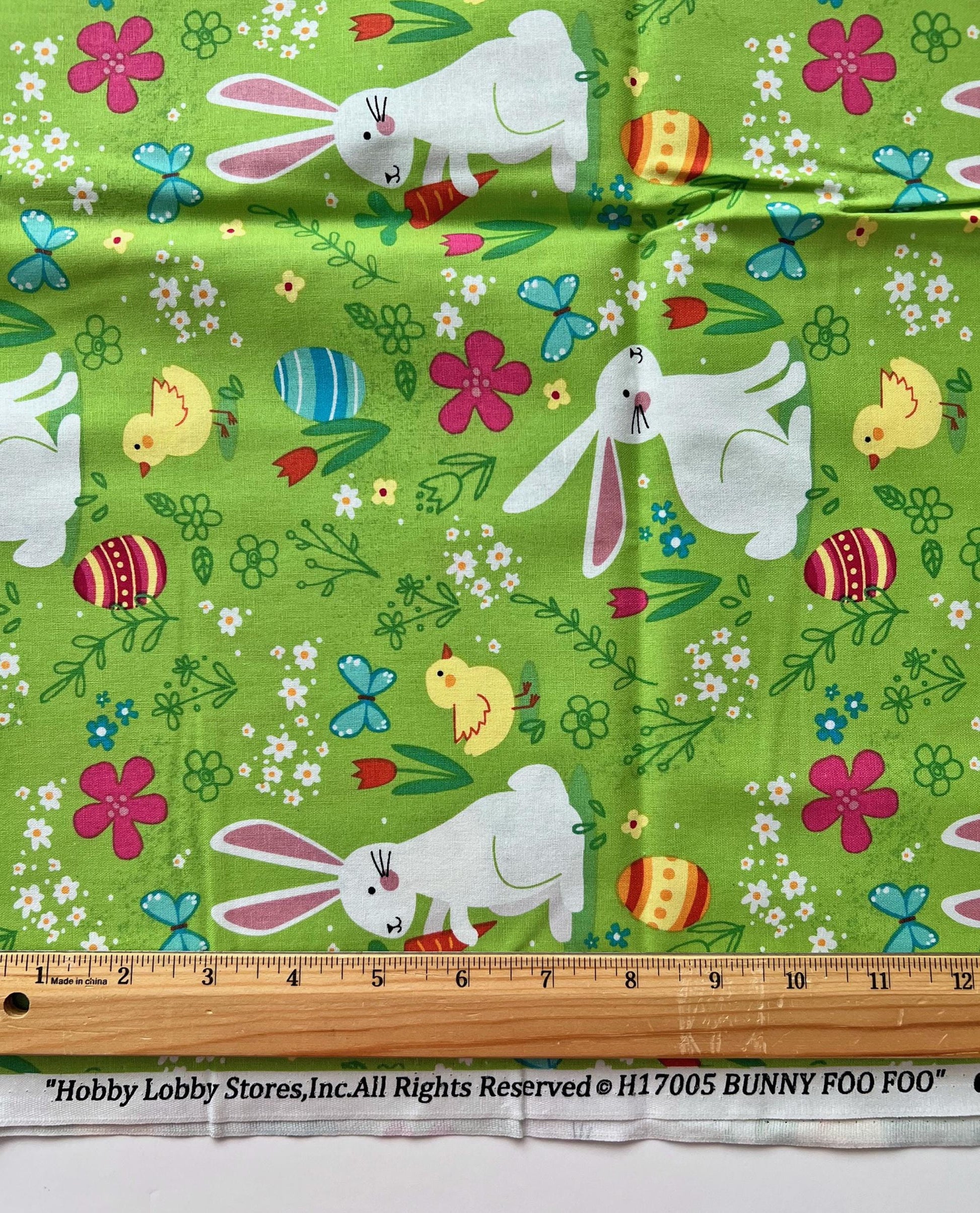 DESTASH Bunny Foo Foo - 1 Yard Cut of Easter Bunnies Chicks Butterflies on Green Fabric, Hobby Lobby H17005, Cute Easter Bunny Fabric