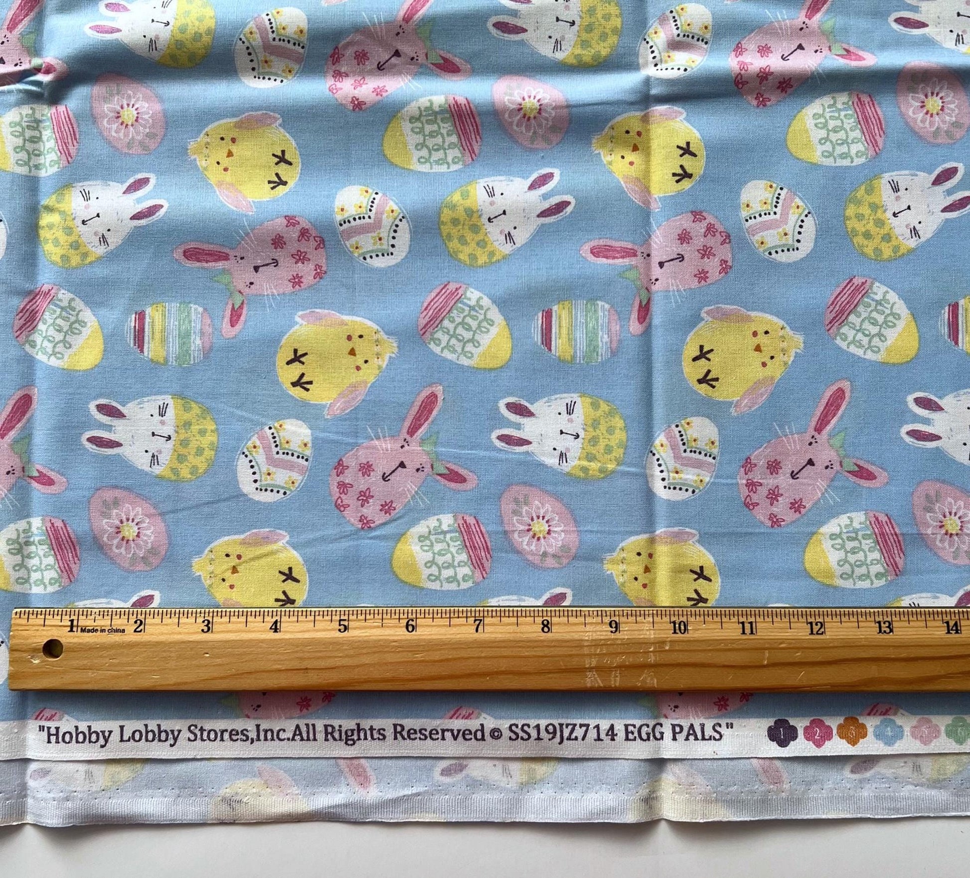 DESTASH Egg Pals - 1 Yard Cut of Easter Bunnies Chicks Eggs on Blue Fabric, Hobby Lobby SS19JZ714, Cute Bunny Easter Fabric
