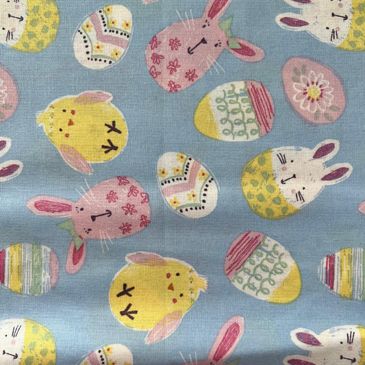 DESTASH Egg Pals - 1 Yard Cut of Easter Bunnies Chicks Eggs on Blue Fabric, Hobby Lobby SS19JZ714, Cute Bunny Easter Fabric
