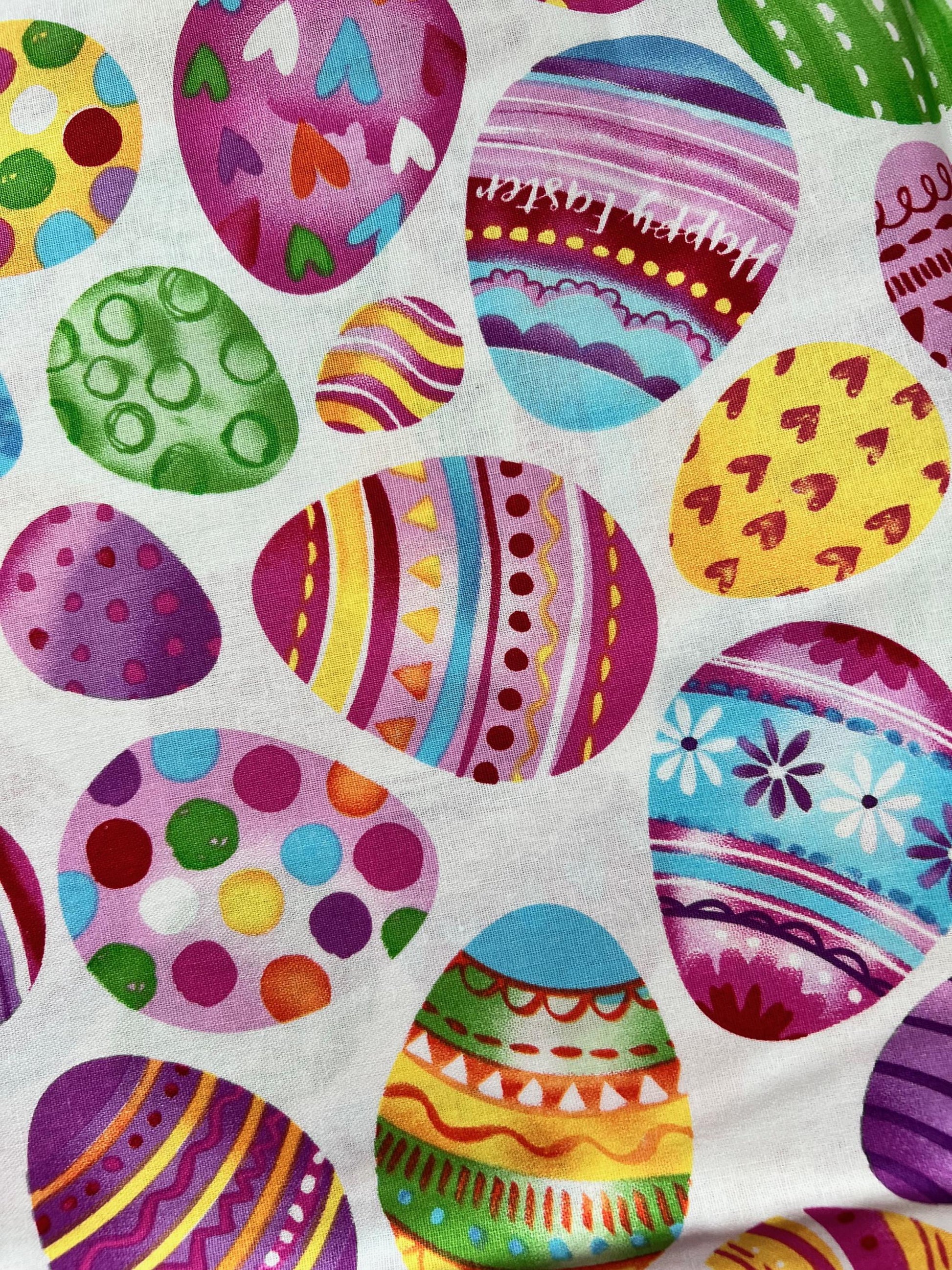 DESTASH 1 Yard Cut of Easter Eggs on White Fabric, Hobby Lobby PC415A, Purple Pink Yellow Blue Green Easter Eggs Fabric