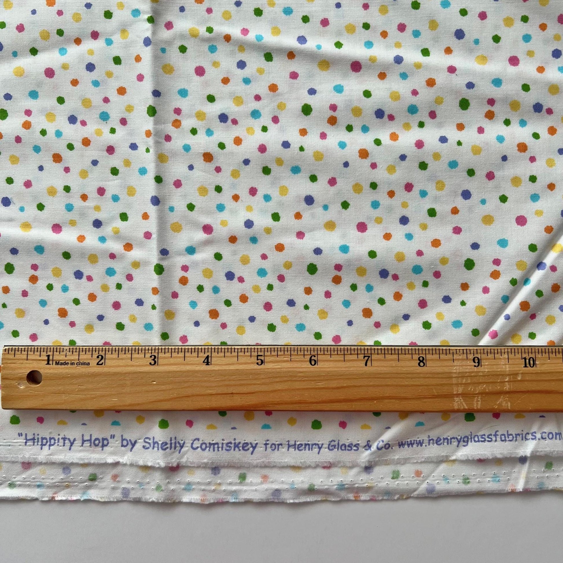 DESTASH Hippity Hop - 1 Yard Cut of Multicolored Dots on White Fabric, Henry Glass & Co, Cute Easter Fabric, Shelly Comiskey