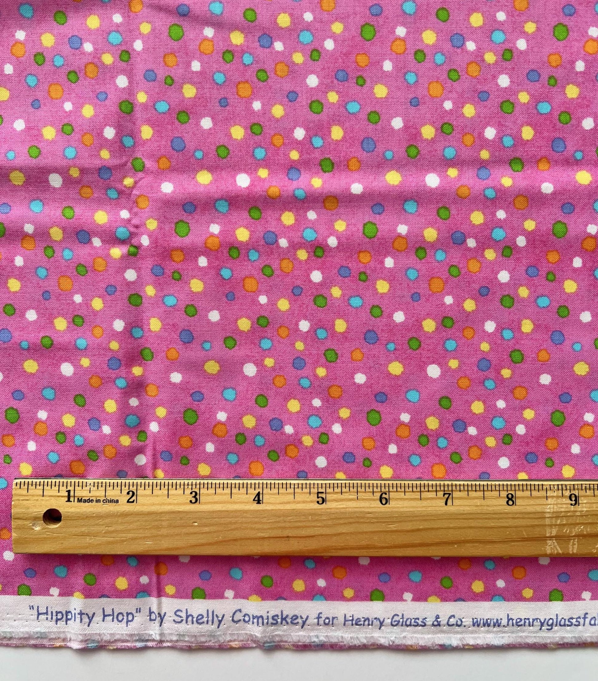 REMNANT 1 Yard 18" of Hippity Hop - Multicolored Dots on Pink Fabric, Henry Glass & Co, Cute Easter Fabric, Shelly Comiskey