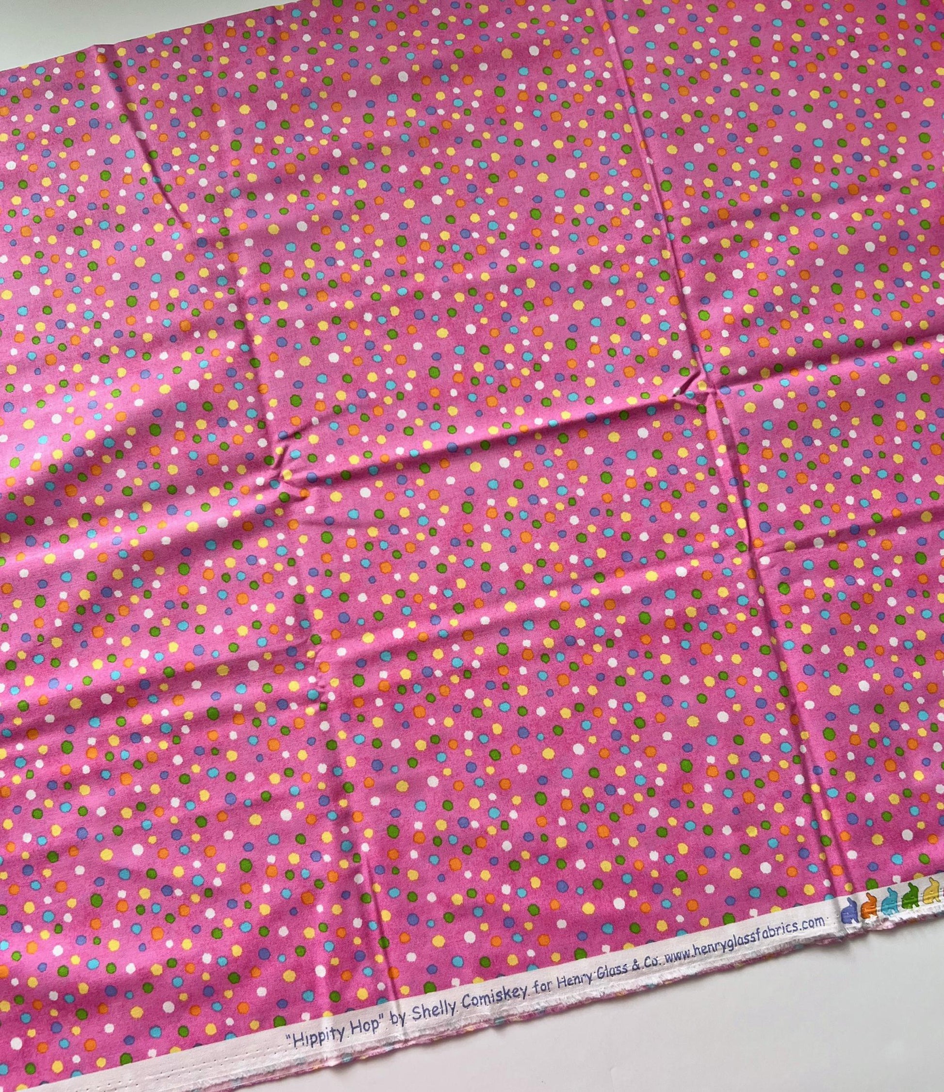 REMNANT 1 Yard 18" of Hippity Hop - Multicolored Dots on Pink Fabric, Henry Glass & Co, Cute Easter Fabric, Shelly Comiskey