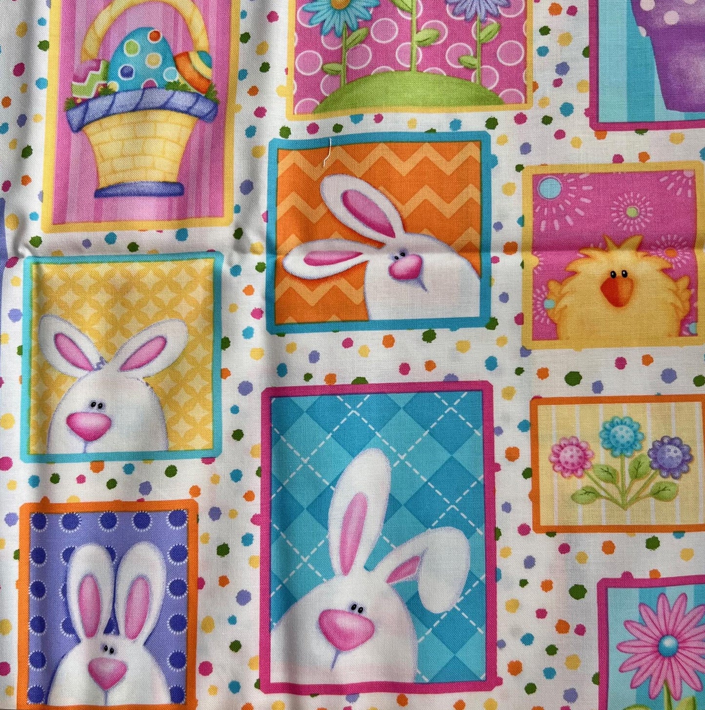 REMNANT 1 Yard 4.5" of Hippity Hop - Easter Bunnies Chicks in Frames on White Fabric, Henry Glass & Co, Cute Easter Fabric, Shelly Comiskey