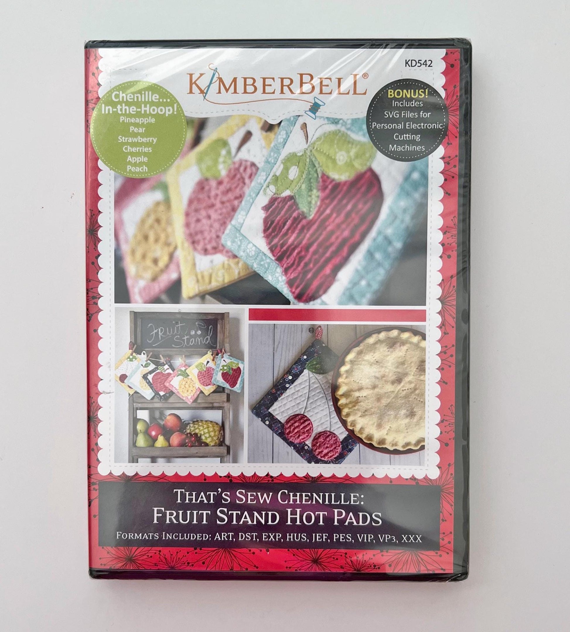 DESTASH That's Sew Chenille Fruit Stand Hot Pads In the Hoop Embroidery Version, Kimberbell Designs KD5427, Quilted Chenille Pot Holders