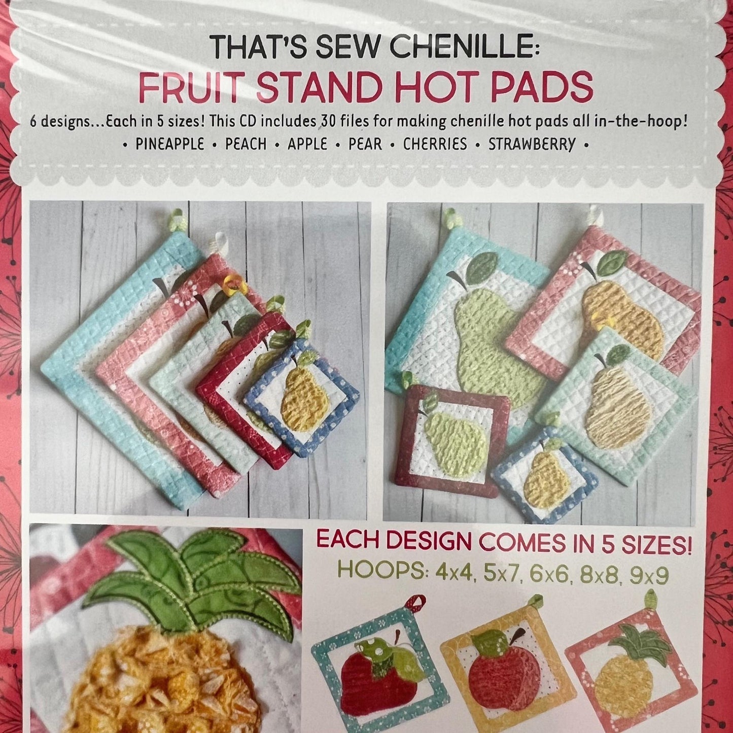 DESTASH That's Sew Chenille Fruit Stand Hot Pads In the Hoop Embroidery Version, Kimberbell Designs KD5427, Quilted Chenille Pot Holders