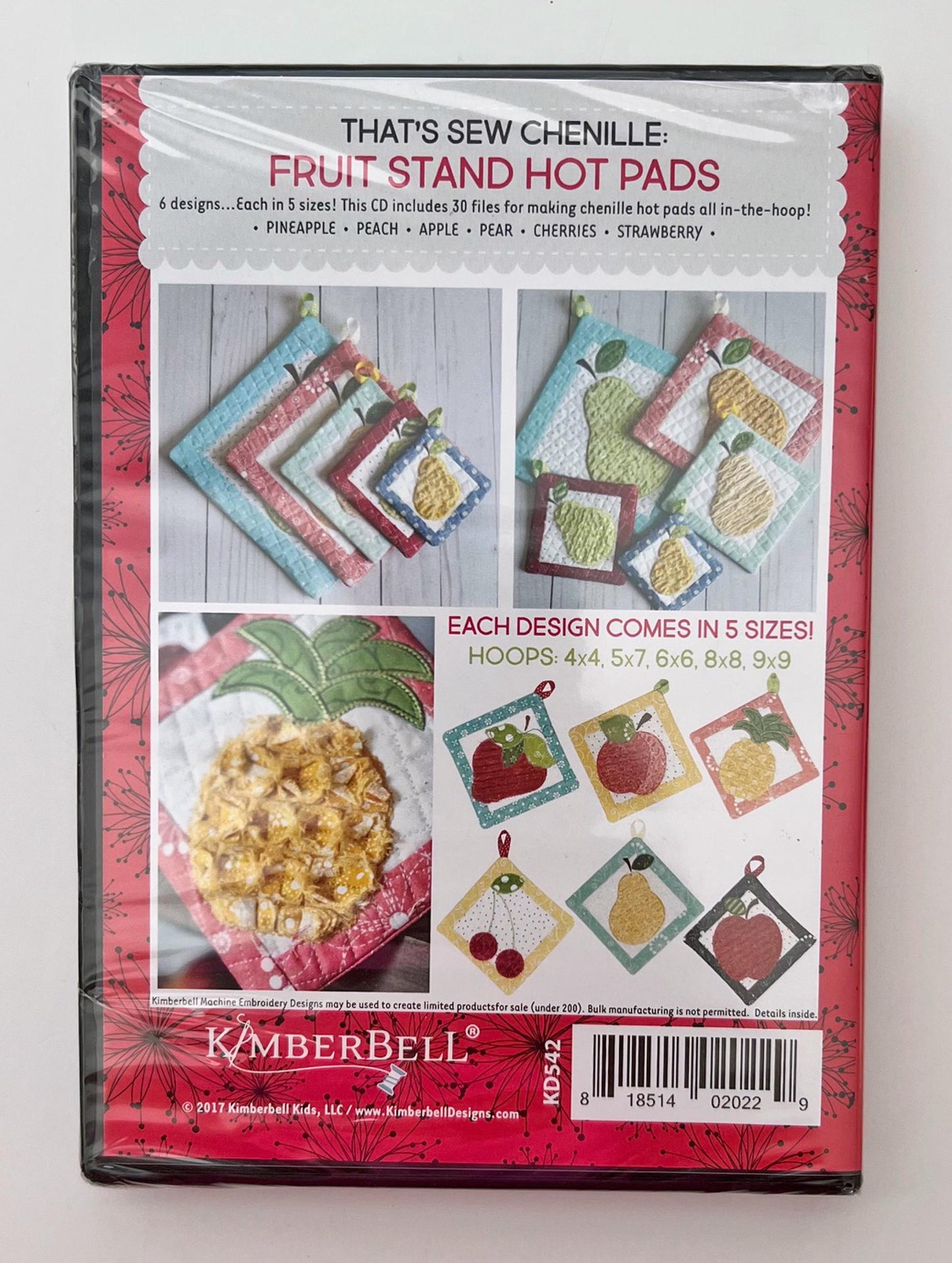 DESTASH That's Sew Chenille Fruit Stand Hot Pads In the Hoop Embroidery Version, Kimberbell Designs KD5427, Quilted Chenille Pot Holders