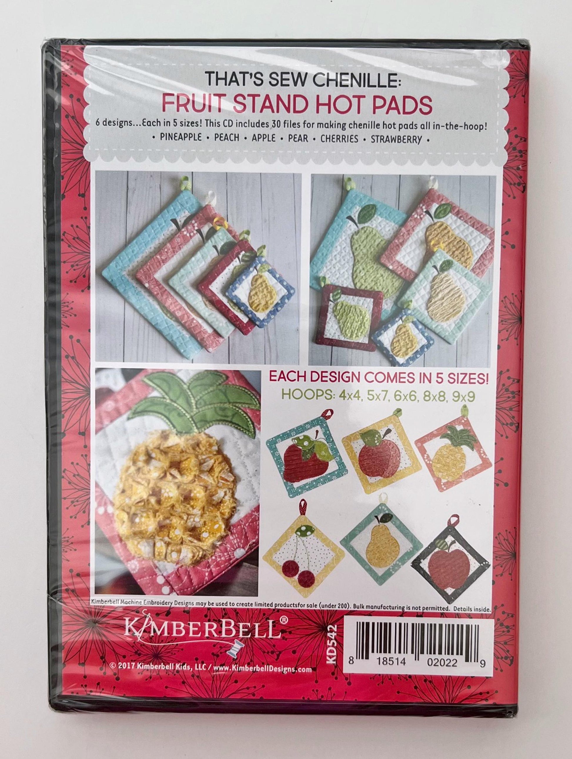 DESTASH That's Sew Chenille Fruit Stand Hot Pads In the Hoop Embroidery Version, Kimberbell Designs KD5427, Quilted Chenille Pot Holders