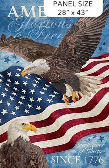 Stars and Stripes 13 - American Eagle with Flag 28" Fabric Panel, Northcott DP227878-49, Patriotic USA Bald Eagle Cotton Quilt Craft Panel
