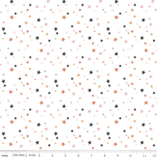 Hey Pumpkin - Scattered Stars on White Fabric, Riley Blake C16037-WHITE, Pink Orange Black Stars on White Background Fabric, By the Yard