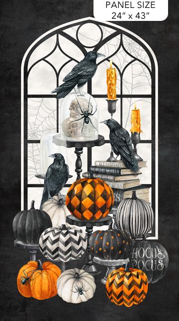 Spellbound 24" Halloween Quilt Panel Fabric, Northcott 28135-99, Crows Patterned Pumpkins Candles Fabric, Cerrito Creek Studio, By the Yard