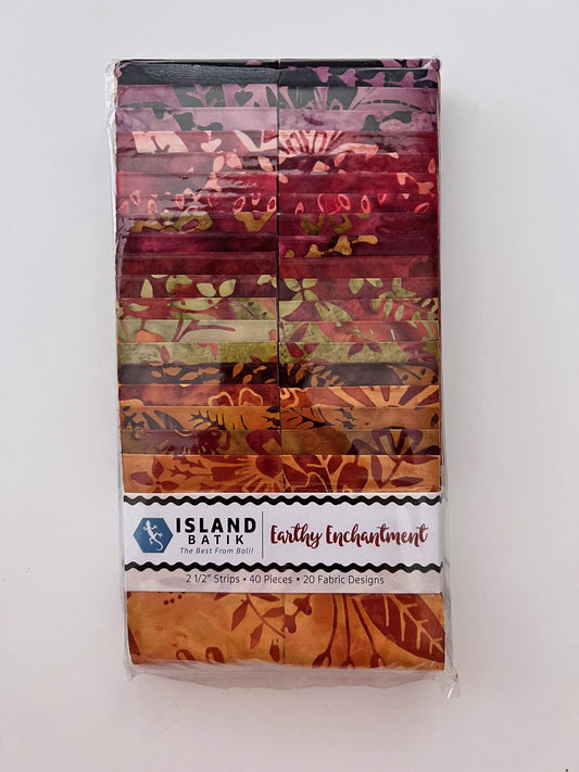 Earthy Enchantment Strip Pack, Island Batik, 2.5" Precut Brown Burgundy Green Purple Batik Jelly Roll Fabric Strips