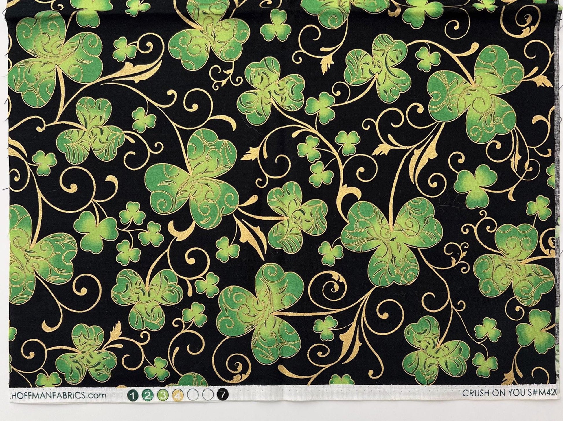 REMNANT 14" of Crush on You - Green Gold Shamrocks Clover on Black Fabric, Hoffman M420x, St Patrick's Day Fabric