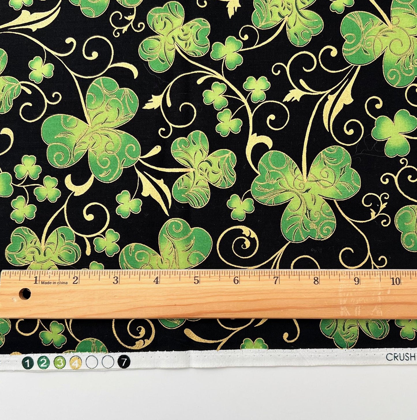 REMNANT 14" of Crush on You - Green Gold Shamrocks Clover on Black Fabric, Hoffman M420x, St Patrick's Day Fabric