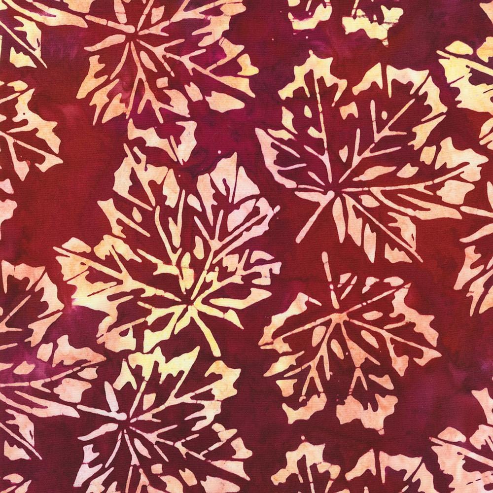 Artisan Batiks Fall Splendor - Blush Leaves on Burgundy Batik Fabric, Robert Kaufman AMD-22955-233 Berry, Autumn Fall Batik, By the Yard