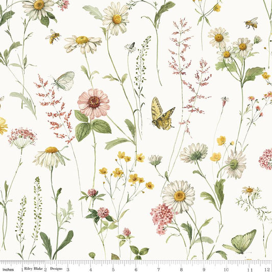 108" Love Me More - Botanical Floral on White Wide Quilt Back Fabric, Riley Blake WB15639-Cloud, Spring Floral Backing, By the Yard