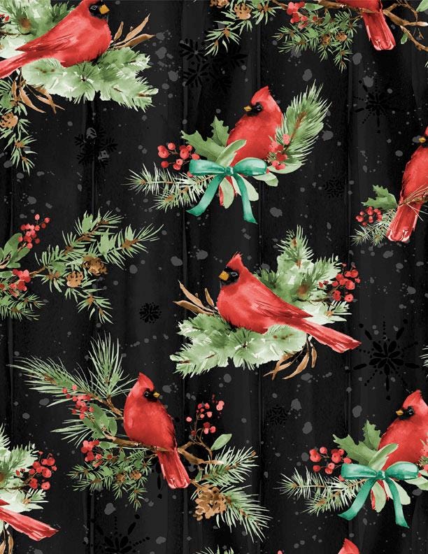 Cardinal Celebration 5 Karat Crystals Charm Pack, Wilmington 859-508, Precut 5" Winter Christmas Cardinals Birds Poinsettias Fabric Squares