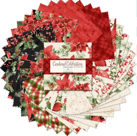 Cardinal Celebration 5 Karat Crystals Charm Pack, Wilmington 859-508, Precut 5" Winter Christmas Cardinals Birds Poinsettias Fabric Squares