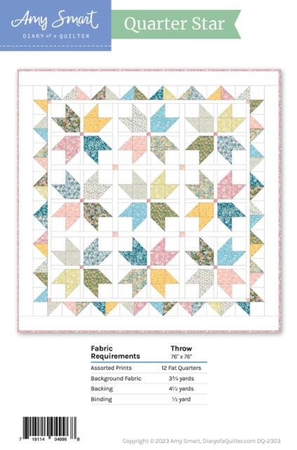 Quarter Star Quilt Pattern, Diary of a Quilter DOQ2303, Fat Quarter FQ Friendly Stars Square Throw Bed Quilt Pattern, Amy Smart
