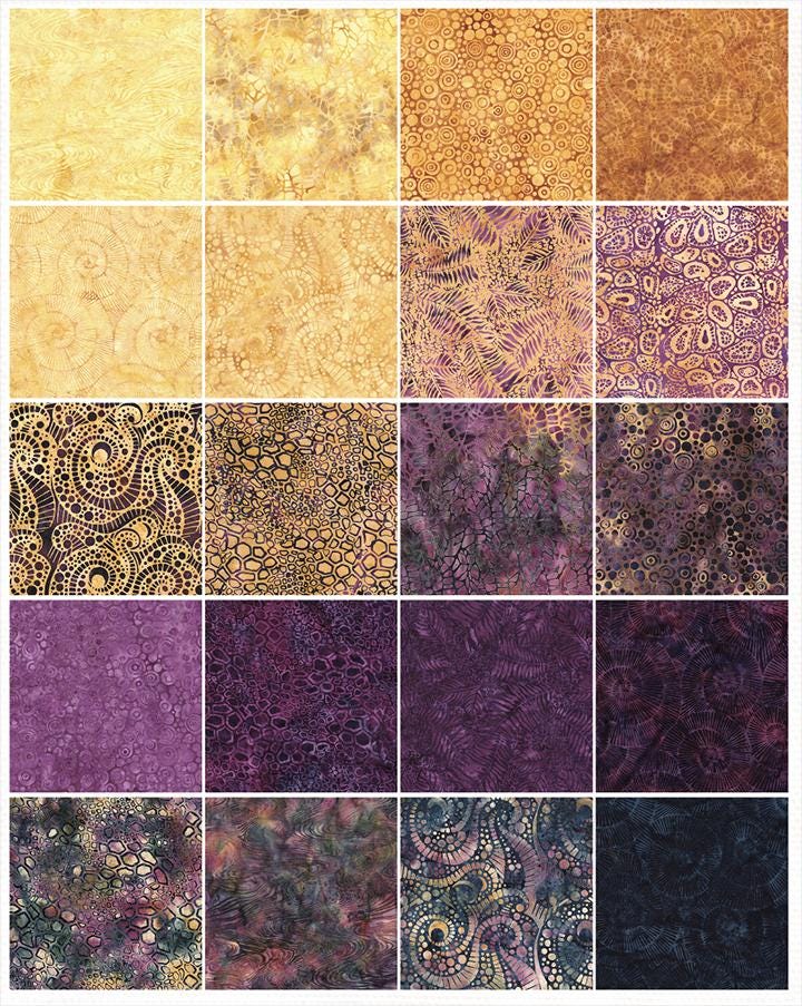 Geode Glow Strip Pack, Island Batik, Batik Jelly Roll, 2.5" Precut Fabric Strips, Purple Amber Fossils Batik Fabric Strips