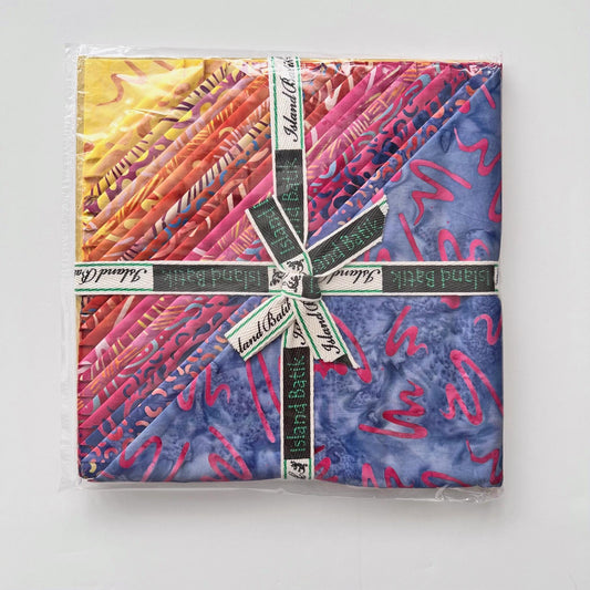 Sunset Stack, Island Batik, 10" Precut Purple Pink Orange Yellow Batik Layer Cake Fabric Squares