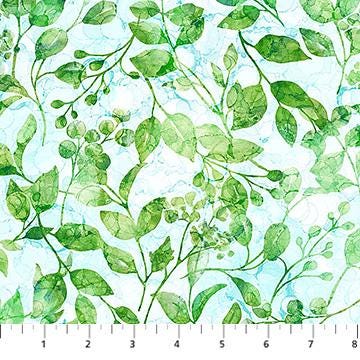 Concerto - Green Leaves on Blue White Fabric, Northcott DP27830-42, Digitally Printed Watercolor Leaves Cotton Fabric, By the Yard