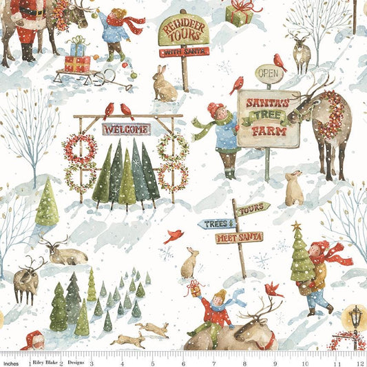 Santa's Tree Farm - Main Christmas Scenes on White Fabric, Riley Blake C16450-SNOWY, Christmas Xmas Winter Fabric, Lisa Audit, By the Yard