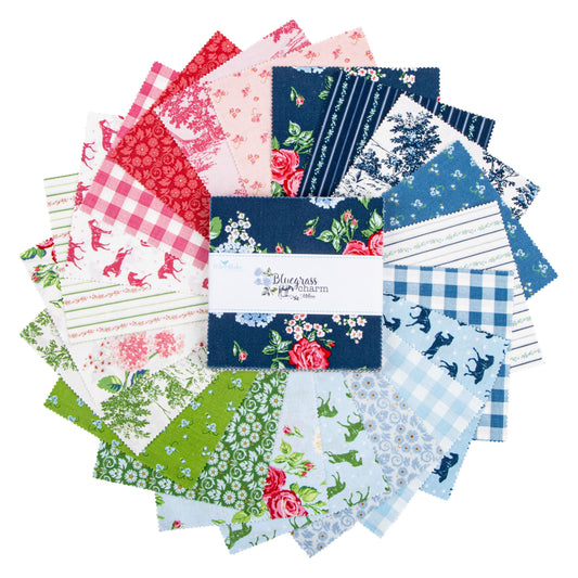 Bluegrass Charm 5" Stacker, Riley Blake 5-16390-42, 5" Precut Kentucky Derby Horses Floral Quilt Fabric Squares, Melissa Mortenson