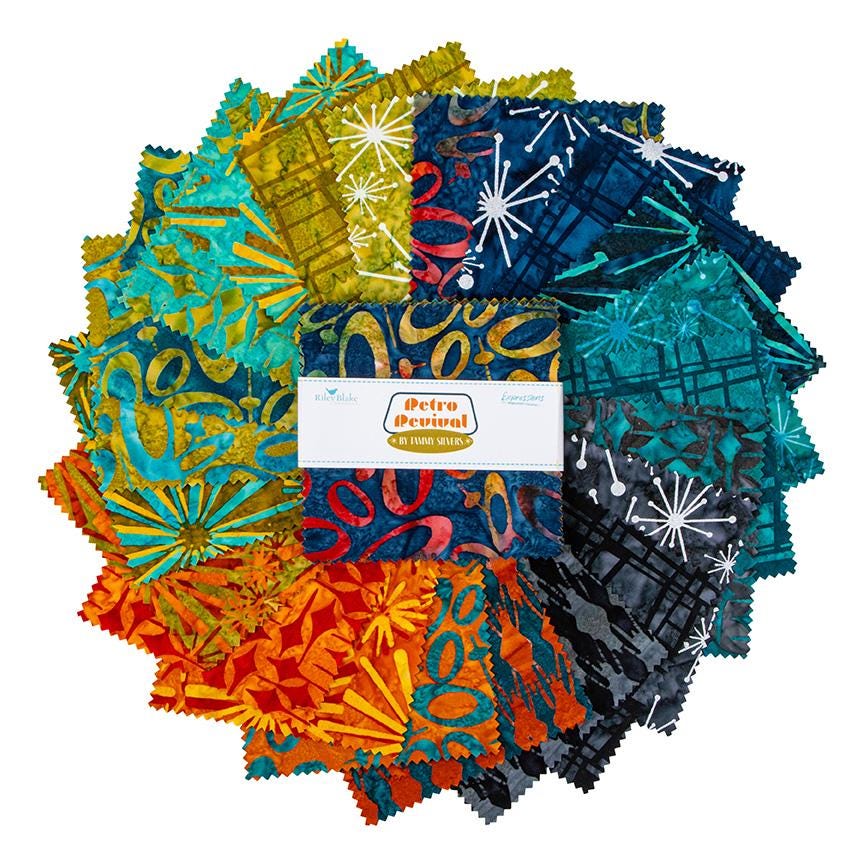 Expressions Batiks - Retro Revival 5" Stacker, Riley Blake 5-23276-42, 5" Precut Mid Century Modern Teal Orange Green Batik Fabric Squares