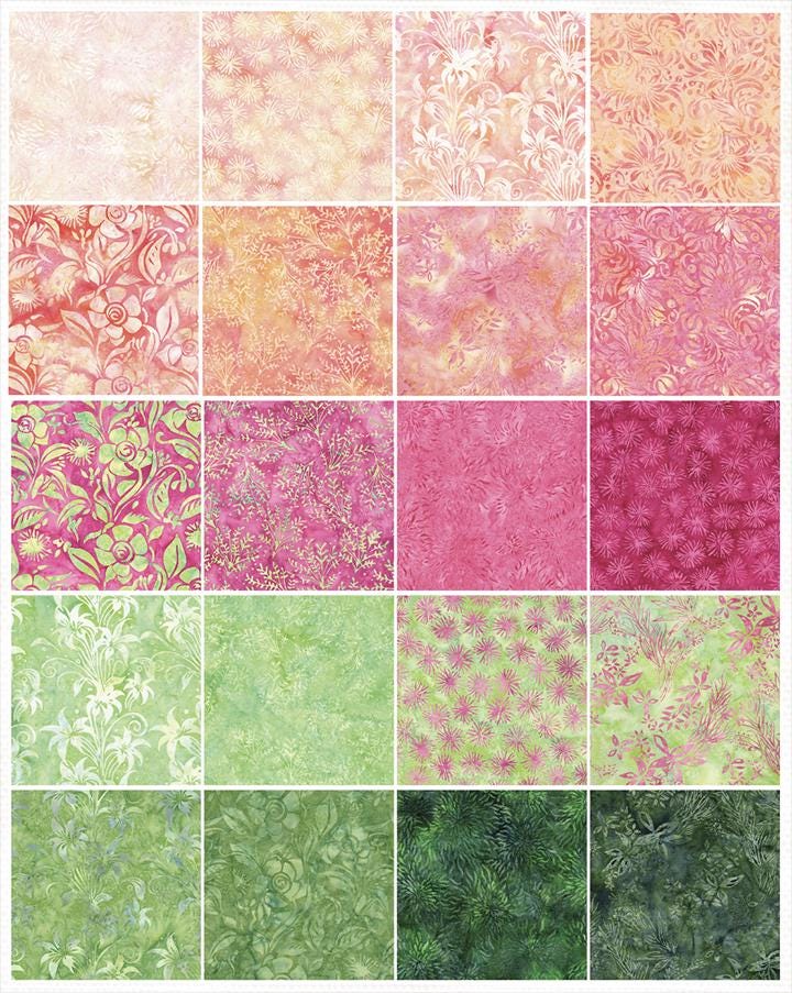 Everlasting Stack, Island Batik, 10" Precut Pink Green Batik Layer Cake Fabric Squares