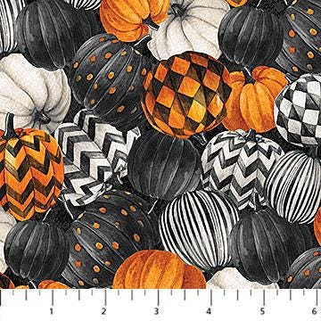 Spellbound - Patterned Pumpkins Halloween Fabric, Northcott 28138-99, Patterned Pumpkins on Black Fabric, Deborah Edwards, By the Yard