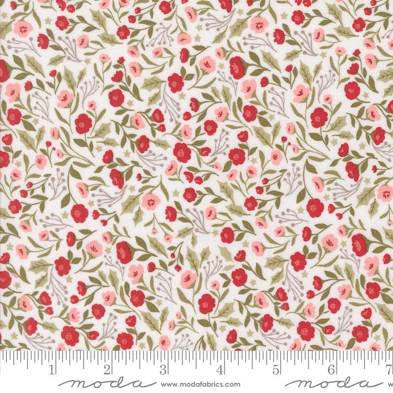 Berry and Pine - Christmas Calico Flowers on White Fabric, Moda 5241-11 Snow, Red Pink Flowers on White Fabric, Lella Boutique, By the Yard