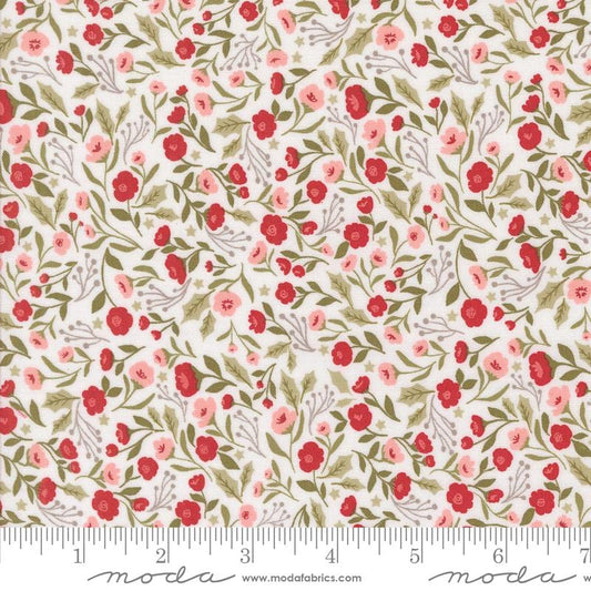 Berry and Pine - Christmas Calico Flowers on White Fabric, Moda 5241-11 Snow, Red Pink Flowers on White Fabric, Lella Boutique, By the Yard