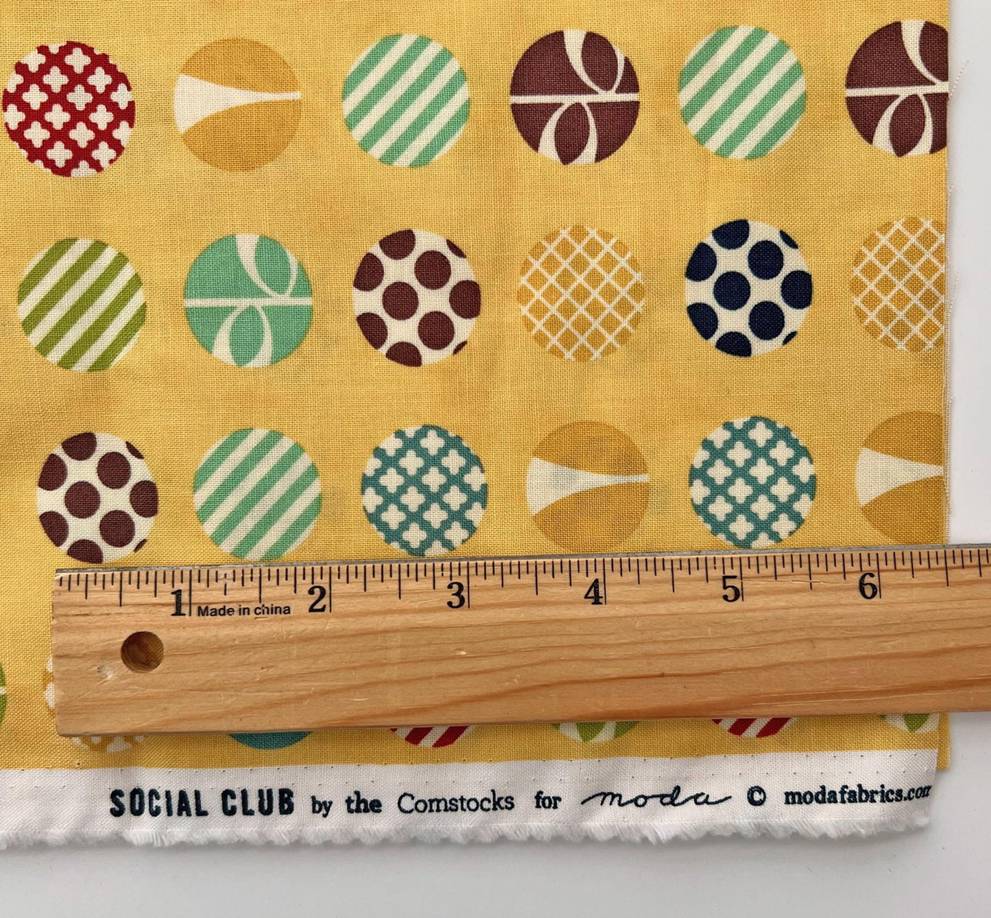 REMNANT 25" of Social Club - Multicolored Large Dots on Yellow Fabric, Moda 37093, Multi Polka Dots on Yellow Fabric, The Comstocks