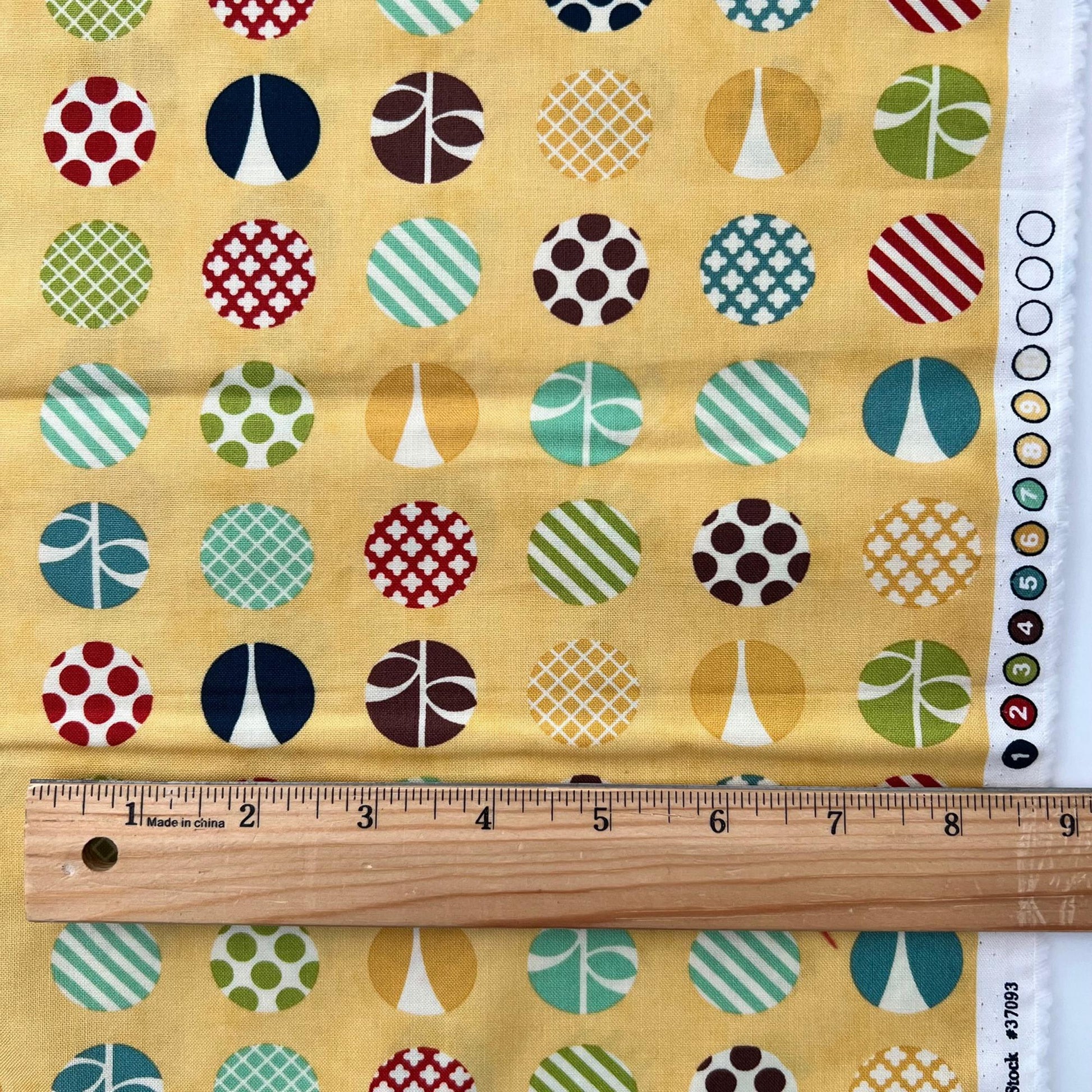 REMNANT 25" of Social Club - Multicolored Large Dots on Yellow Fabric, Moda 37093, Multi Polka Dots on Yellow Fabric, The Comstocks