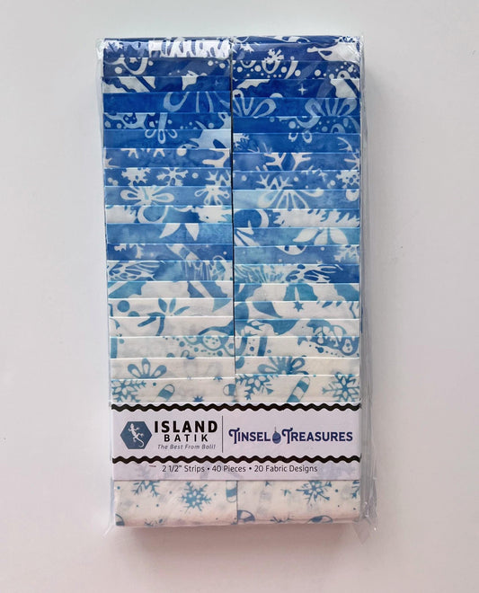 Tinsel Treasures Strip Pack, Island Batik, 2.5" Precut Blue White Christmas Xmas Batik Fabric Strips, Snowflakes Xmas Trees Batik Fabric