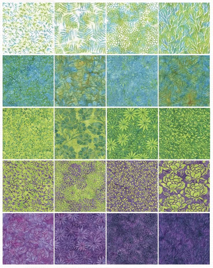 Petal Poetry Stack, Island Batik, 10" Precut Green Purple Blue Batik Layer Cake Fabric Squares