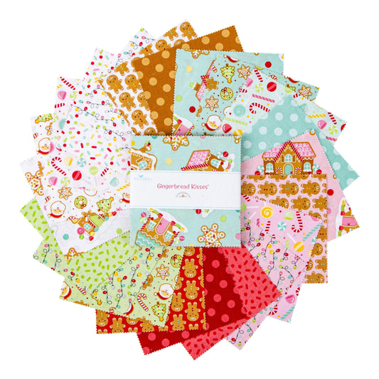 Gingerbread Kisses 5" Stacker, Riley Blake 5-16440-42, 5" Precut Christmas Xmas Charm Pack Fabric Squares, Doodlebug Design