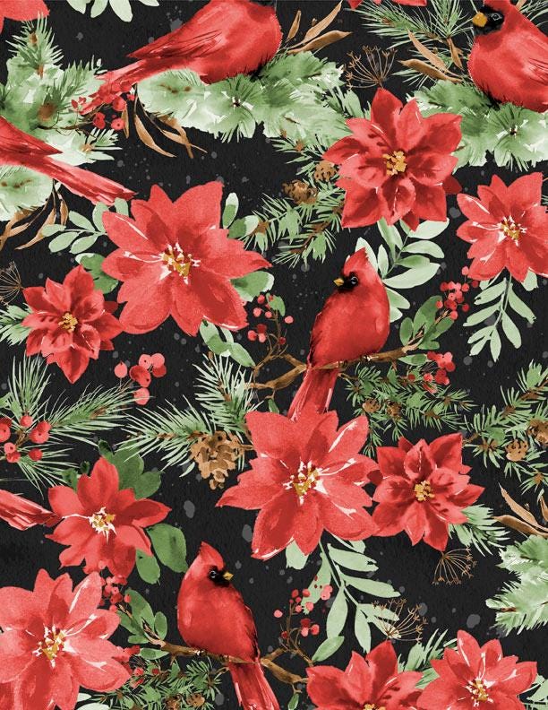 Cardinal Celebration 5 Karat Crystals Charm Pack, Wilmington 859-508, Precut 5" Winter Christmas Cardinals Birds Poinsettias Fabric Squares