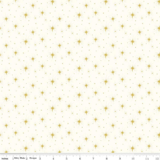 Come Let Us Adore Him - Golden Stars on Cream Fabric, Riley Blake C16314-Cloud, Christmas Blender Gold Stars in Sky Fabric, By the Yard