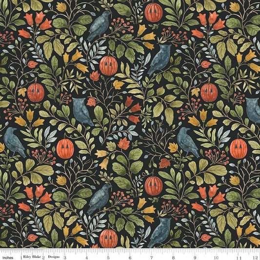 Trick or Treat- Fall Foliage on Black Fabric, Riley Blake C15961-Black, Halloween Pumpkins Owls Fall Foliage Fabric, Lisa Audit, By the Yard